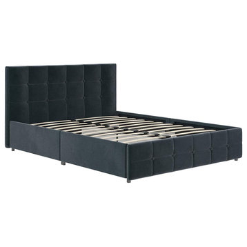 Contemporary Queen Platform Bed, Tufted Headboard & Storage Drawers, Blue Velvet