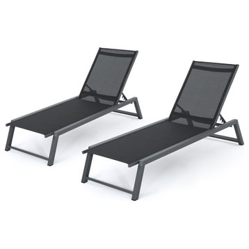 GDF Studio Mesa Outdoor Chaise Lounge With Aluminum Frame, Black Mesh/Gray, Set of 2