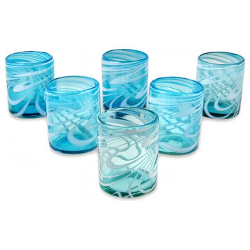 Whirling Aquamarine, Set of 6 Blown Glass Rock Glasses, Mexico