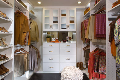 Inspiration for a small contemporary gender-neutral walk-in wardrobe in Los Angeles with flat-panel cabinets and white cabinets.
