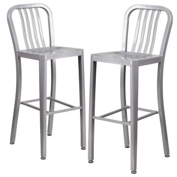 Set of 2 Industrial Bar Stool, Ergonomic Seat With Vertical Slatted Back, Silver