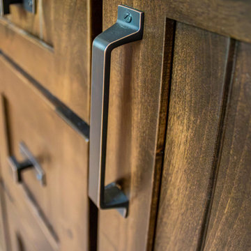 Custom Rustic Bathroom with Knotty Alder Vanity and Cambria Quartz