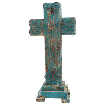 Laredo Rustic Pedestal Wood and Iron Handmade Cross, Turquoise