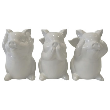Ceramic Set of 3 6" No Evil Pigs With Wings, White