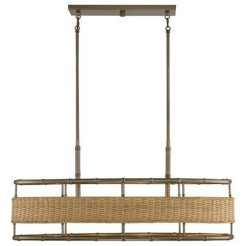 Arcadia 4-Light Warm Brass With Natural Rattan Linear Chandelier