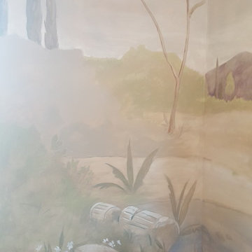 old world scenic mural in dining room