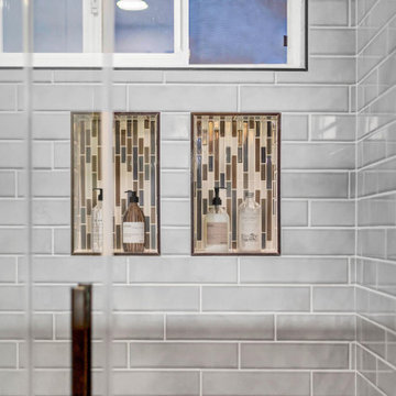 Dual Mosaic Shower Niches with Gray Subway Tile – Aliso Viejo Remodel