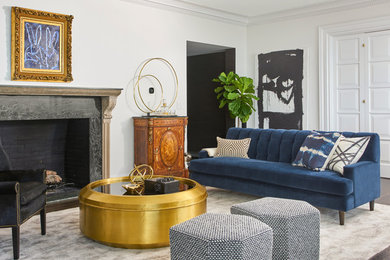 Example of a mid-sized trendy formal and open concept dark wood floor and brown floor living room design in Raleigh with white walls, a standard fireplace, a tile fireplace and no tv