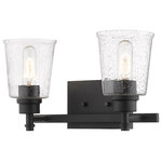 Z-Lite - Bohin 2-Light Vanity, Matte Black - Dynamic design influence creates an ideal blend of contemporary and transitional in this matte black finish two-light wall sconce. A rugged steel frame receives softening elements in a pair of heady clear seedy glass bell shape shades yielding a wonderfully versatile decor accent and a convenient extra source of lighting.