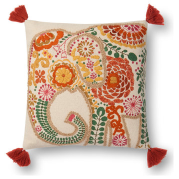 Embordered Indian Elephant With Tassels 18"x18" Accent Pillow, No Fill
