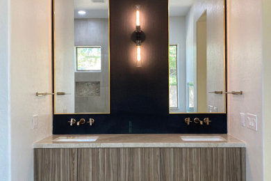 Large trendy master porcelain tile, gray floor, double-sink and wallpaper bathroom photo in Phoenix with flat-panel cabinets, brown cabinets, white walls, an undermount sink, quartzite countertops, beige countertops and a floating vanity