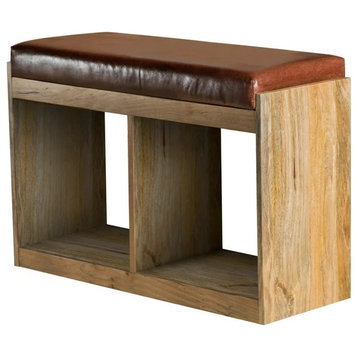 Rustic Accent Bench, Natural Wood Grain Frame With 2 Shelves & Faux Leather Seat
