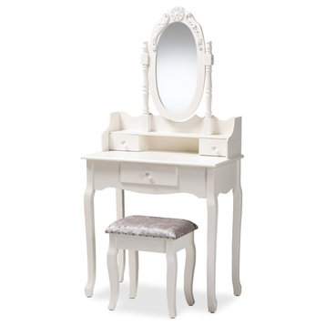 Veronique Traditional White 2-Piece Vanity Table, Mirror and Ottoman