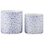 Urban Trends - Round Ceramic Pot With Blue Spotted Design, Gloss White, Set of 2 - UTC potplanters are made of the finest ceramics which makes them tactile and attractive. They are primarily designed to accentuate your home, garden or virtually any space. Each potplanter is treated with a gloss finish that gives them rigidity against climate change, or can simply provide the aesthetic touch you need to have a fascinating focal point!!