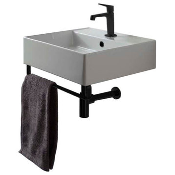 Square Wall Mounted Ceramic Sink With Matte Black Towel Bar, One Hole