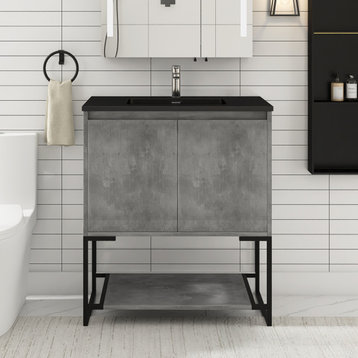 30" Freestanding Bath Vanity, Black Cultured Mable Top, Charcoal Gray