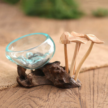 Novica Handmade Mushroom Bowl Wood and Glass Sculpture