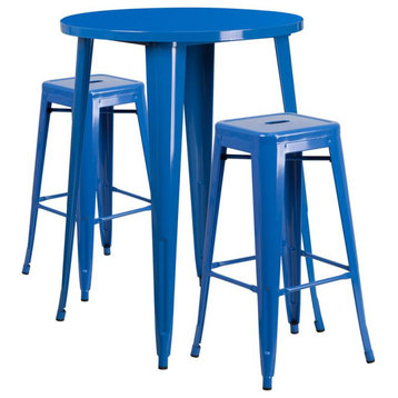 30" Round Blue Metal Indoor-Outdoor Bar Table Set With 2 Square Seat Stools