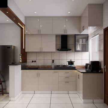 L-Shaped Glossy Beige Modular Kitchen