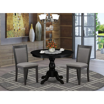 3 Pieces Dining Set, Chairs With Linen Cushioned Seat & Back, Wirebrushed Black