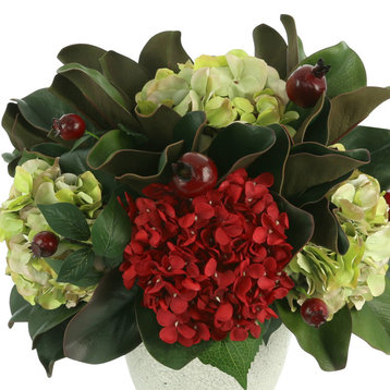 Assorted Hydrangea and Pomegranate Fall Arrangement in a Ceramic Vase