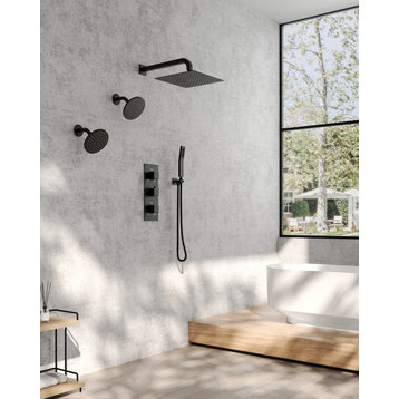 Triple Heads 12" Rain High Pressure Shower System with 3 Way Thermostatic Faucet, Matte Black