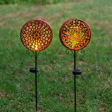 Solar LED Shadow Garden Stake Light, Copper Petals & Copper Sun