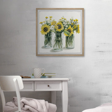 "Sunflowers in Glass Jars" Framed Painting Print