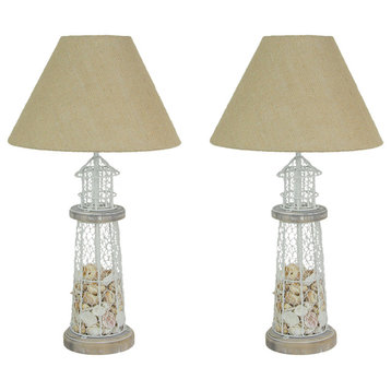 White and Grey Metal Seashell Filled Lighthouse Table Lamp with Shade Set of 2