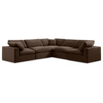 Meridian Furniture - Comfy Upholstered L-Shaped Modular Sectional, Brown, 5-Piece: 2 Armless Chair, 3 Corner Chair, Velvet - Give your space a whole new look with this brown Comfy velvet sectional. This handsome sectional fits nicely with other items in the Comfy collection and is a versatile seating option designed for adaptability, comfort and style. Wrapped in rich brown durable velvet upholstery, this sectional offers a plush embrace of overstuffed down feather cushions, carefully crafted to deliver the highest level of comfort. The perfect seat for creating an oasis for relaxation, this sectional has thick foam surrounding its frame for added support and coziness.