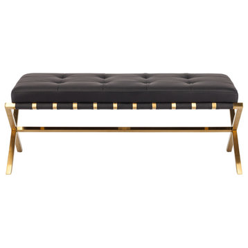 Auguste Faux Leather Bench, Seat: Black, Small, Base: Brushed Gold