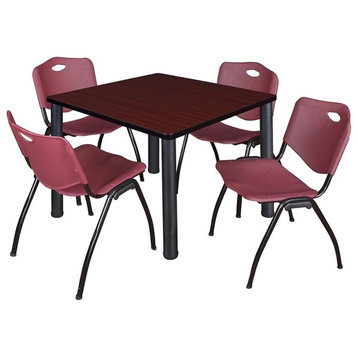 Kee 42" Square Breakroom Table, Mahogany, Black and 4 'M' Stack Chairs, Burgundy