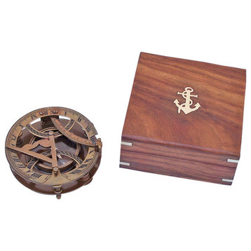 Round Sundial Compass With Rosewood Box, Antique Brass, 6"