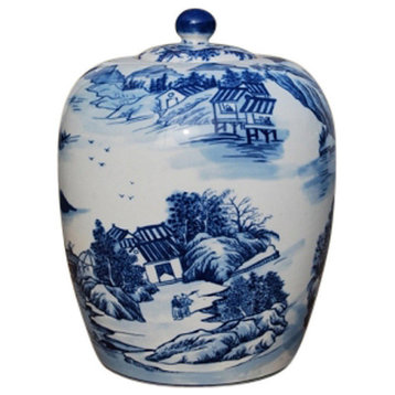 Blue and White Blue Willow Motif Porcelain Ginger Jar 15"