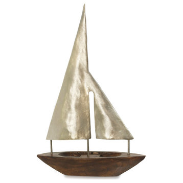 Large Pewter Sails, Natural Stained Wood Base Boat Sculpture, Pewter Metal Sails