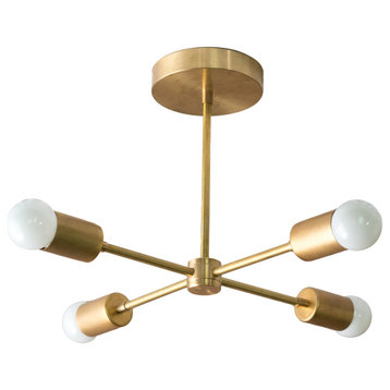 Gold 4-Spoke Sputnik Modern Ceiling Light, Raw Brass