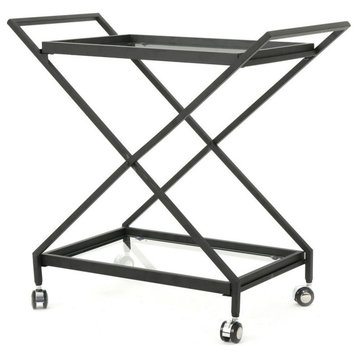 GDF Studio Sheri Tempered Glass Black Iron Bar Cart With Tempered Glass Shelves