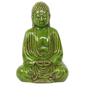 Ceramic Meditating Buddha Figurine, Dhyana Mudra, Yellow Green