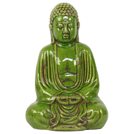 Ceramic Meditating Buddha Figurine, Dhyana Mudra, Yellow Green