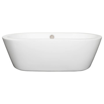 71" Freestanding Bathtub in White with Brushed Nickel Drain and Overflow Trim