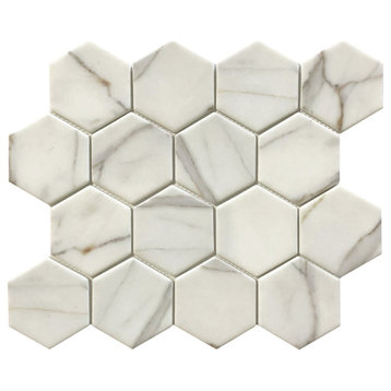 3" Hexagon Matte Glass Mosaic Wall and Floor Tile, Calacatta Rust Sample