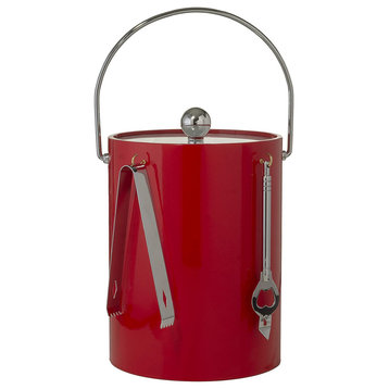 Red Double Walled 5-Quart Insulated Ice Bucket With Ice Tongs & Bottle Opener