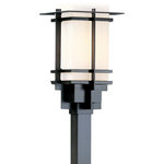 Hubbardton Forge - Tourou Outdoor Post Light, Coastal Black Finish, Opal Glass - Although the design is in honor of traditional Japanese stone lanterns, our Tourou Outdoor fixture is much easier to post-mount outside home or business. Metals bands crisscross and hug the square glass tube for design flare.