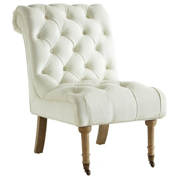 Constance Velvet Rolled Back Tufted Armless Slipper Accent Chair, Beige