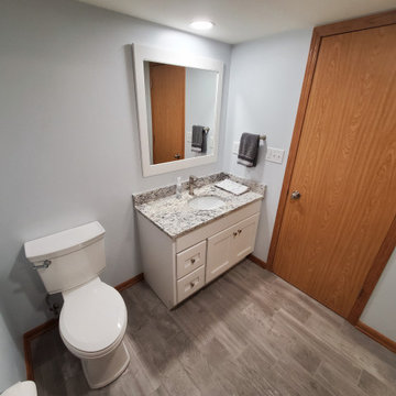 Finished basement bathroom, porcelain tile plank floor