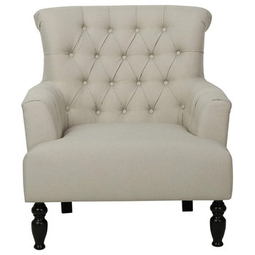 Contemporary Accent Chair, Oversized Seat & Button Tufted Rolled Back, Beige
