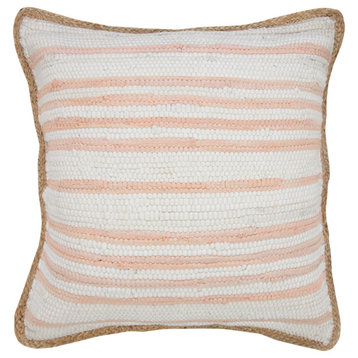 Coral Pink and White Striped Jute Bordered Throw Pillow
