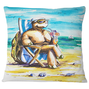 Turtle Enjoying Holidays on Beach Seashore Throw Pillow, 16"x16"
