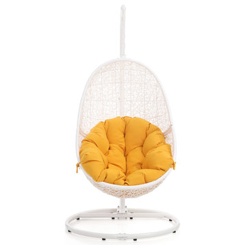 Modern Outdoor Reef Swing Chair with Stand - White Basket with Yellow Cushion