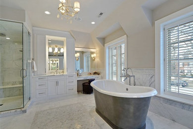 Photo of a large transitional master bathroom in Chicago with white tile, marble, white walls, marble floors, marble benchtops and white floor.